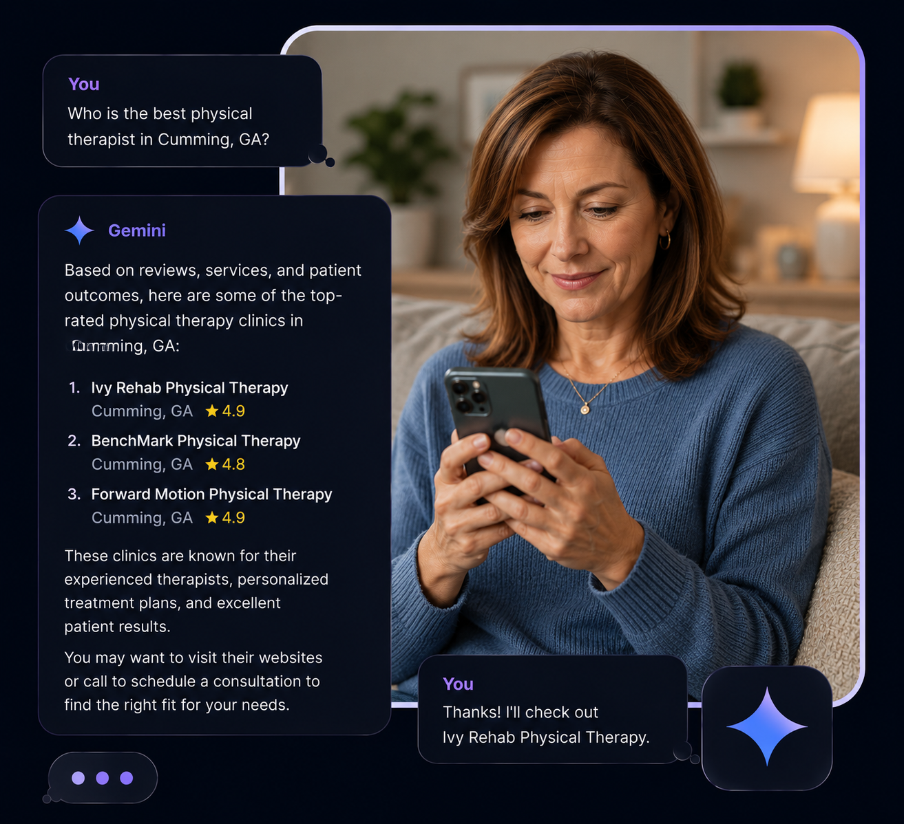 AI conversation mockup showing physical therapy recommendations